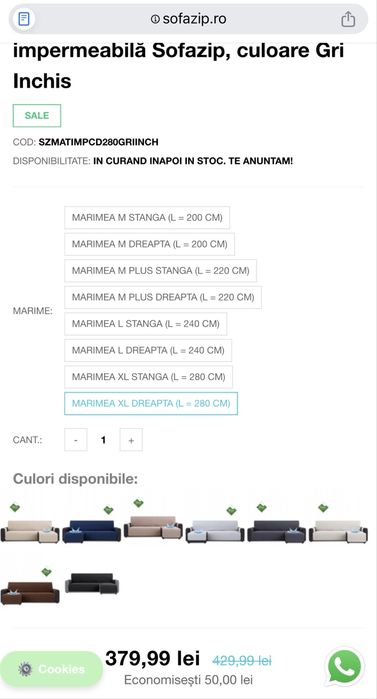 Husa coltar cu sezlong matlasata impermeabila Sofazip, gri inchis, XL