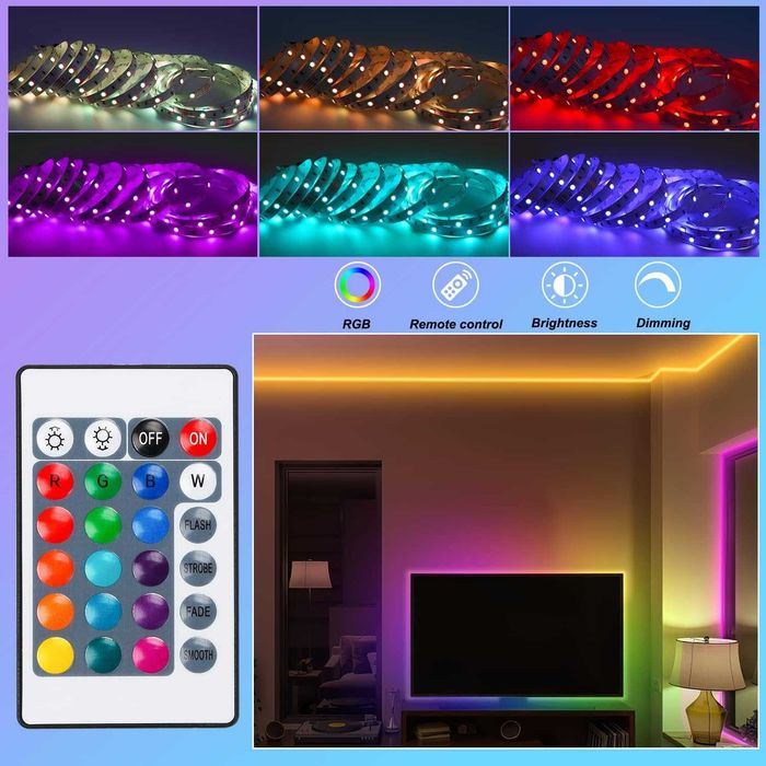 Banda LED RGB 5 metri cu telecomanda si alimentare la priza 300 lumini