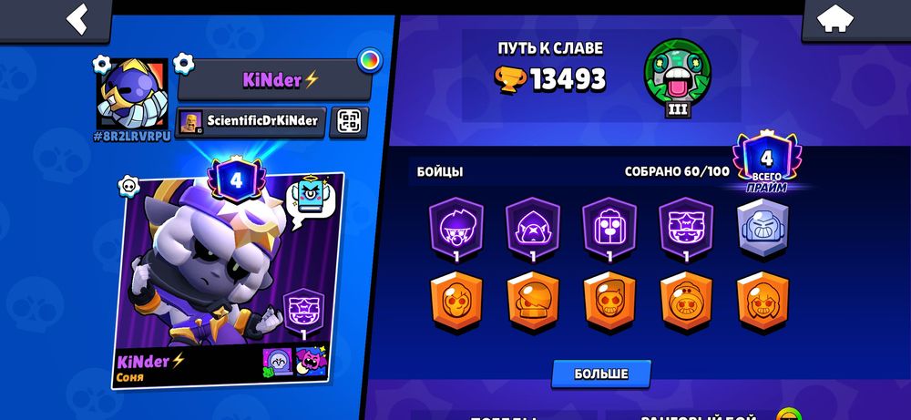 60 Персонажей//13.5к трофеев//6 ЛЕГ//65 скинов.