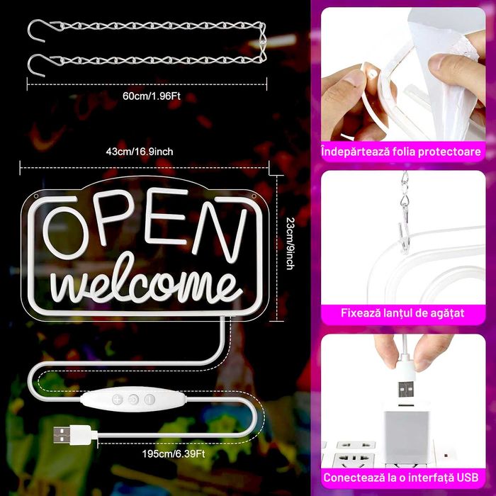 Reclama luminoasa LED Neon „OPEN Welcome”