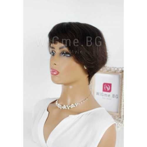 Къса тъмнокестенява перука от естествен косъм с бретон Вики
