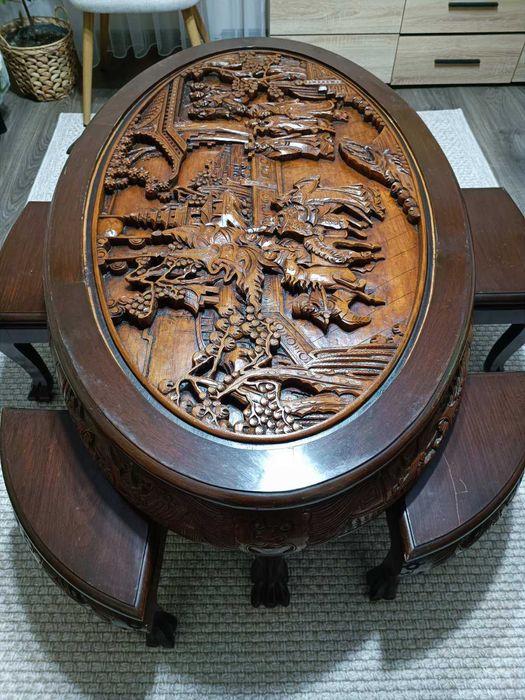 Антикварна японска маса с 6 стола от черешово дърво