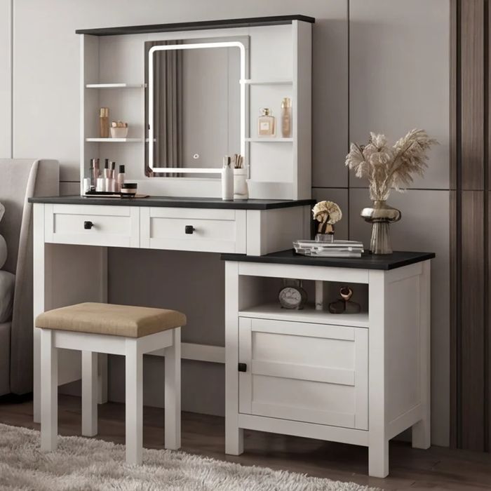 Стилна Тоалетка за Гримиране с LED Осветление и Допълнителен Шкаф