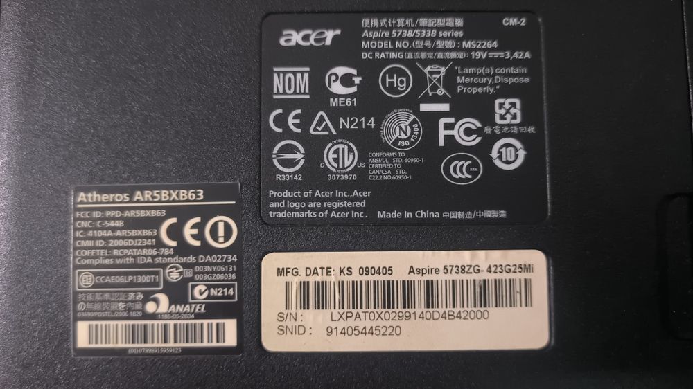 Acer aspire 5738zg