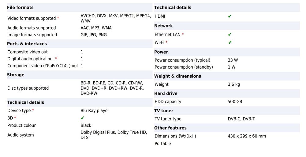 Player/recorder Samsung Blu-ray 3D HDMI PVR HDD Wi-Fi, DVB-C