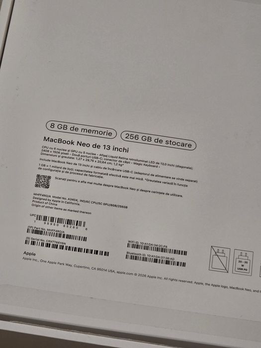 Laptop APPLE MacBook Neo 13, Apple A18 6-core CPU, 13" Retina Display, 8GB, SSD 256GB Indigo Blue Factură/Garanție
