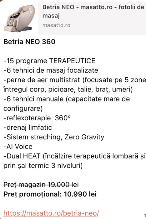 Fotoliu masaj Betria Neo 2025