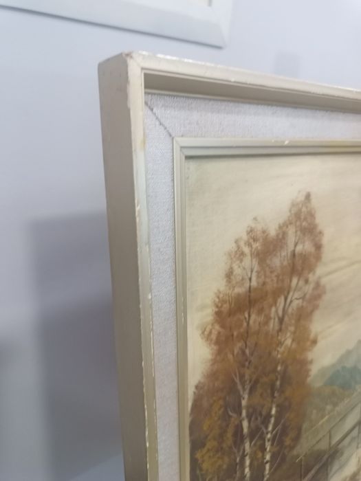 Стара антикварна картина „Алпийски пейзаж“ – маслени бои с оригинален печат (Художник: Resch)