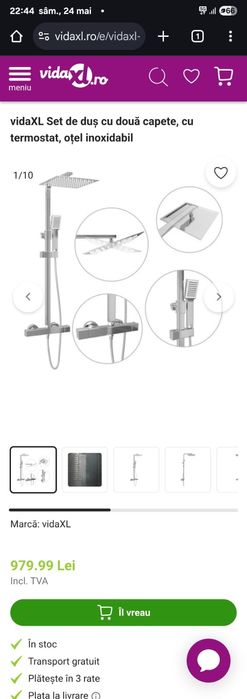 Set de duş cu două capete, cu termostat, oțel inoxidabil