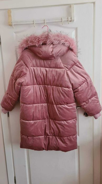 Дамско Дълго Зимно Яке Кадифе, Розово, с изкуствена козина топло, вата