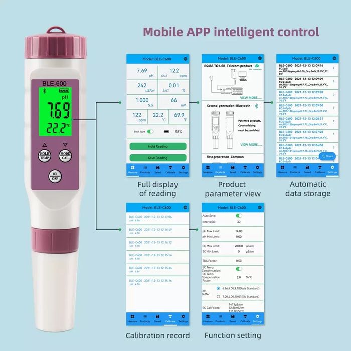 BLE-C600 - 7-tasi 1-da: (PH, TDS, SALT, EC, ORP, S.G, TEMP)