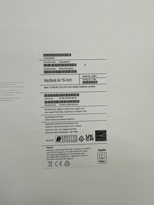 MacBook Air 15.3 M3 16/512 new