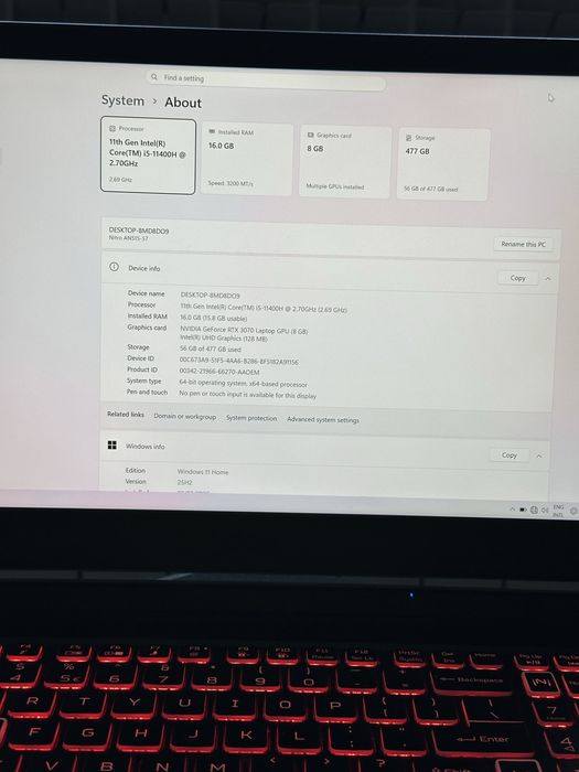 Laptop Gaming Acer Nitro 5 | Ecran 2K (165Hz) | RTX 3070 8GB | i5-11400H | 16GB RAM | SSD 512GB