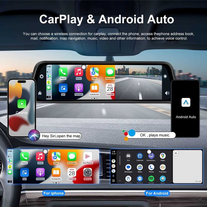 4K DVR Carplay Android auto Видеорегистратор огледало 12" AirPlay Cast