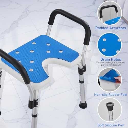 Нов Стол за къпане душ с подлакътници U-образна седалка син 150 кг възрастни и инвалиди