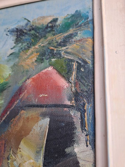 tablou romanesc pictura pe panza 58/48 cm semnat Dumitru