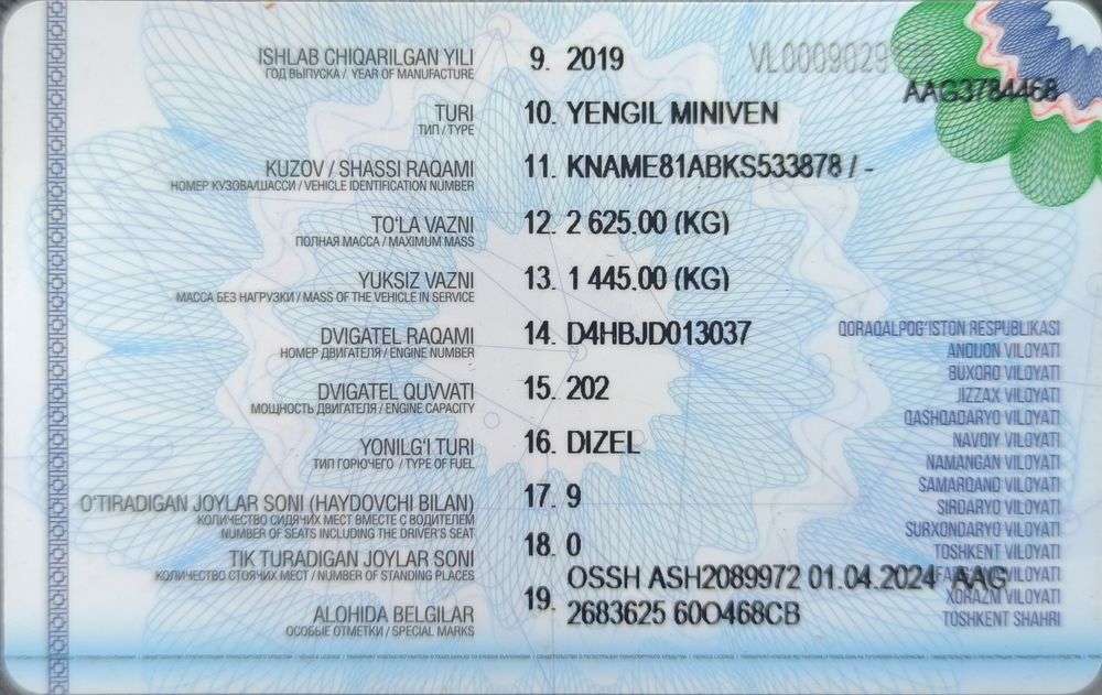 Kia Carnival 2019 yili dizel full pozitsiya