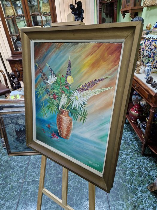 Стар голям антикварен френски натюрморт масло върху платно