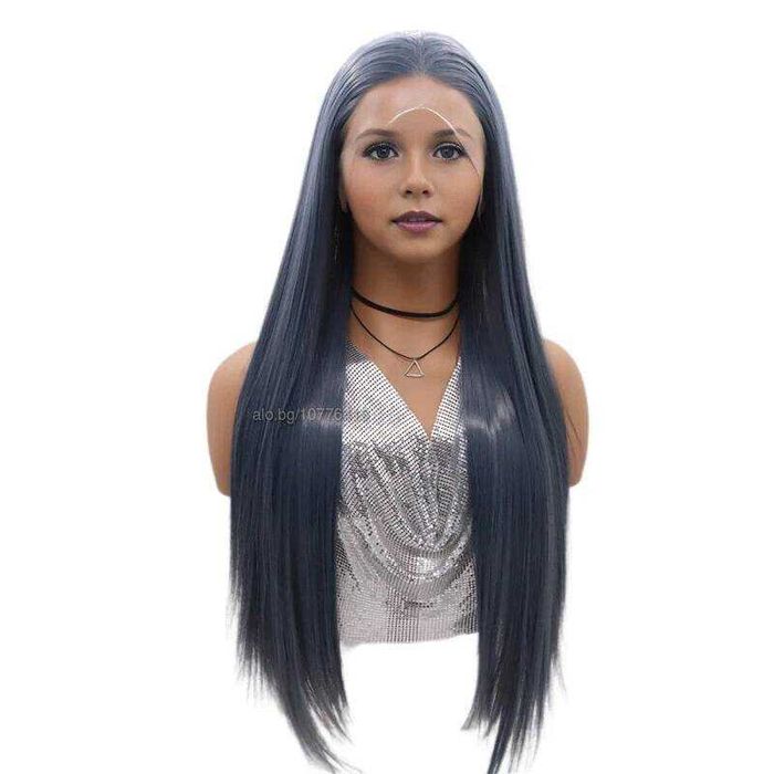 Модерна синьо-сива права перука - 80 см с лейс фронт 13×4