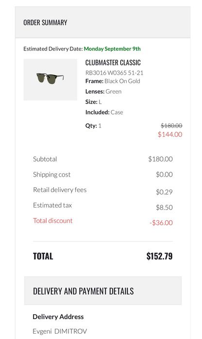 Унисекс очила Ray-Ban ClubMaster Balck/Gold със зелени стъкла (НОВИ)