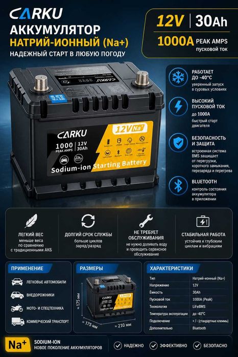 Натриевый аккумулятор CARKU 12V 30Ah