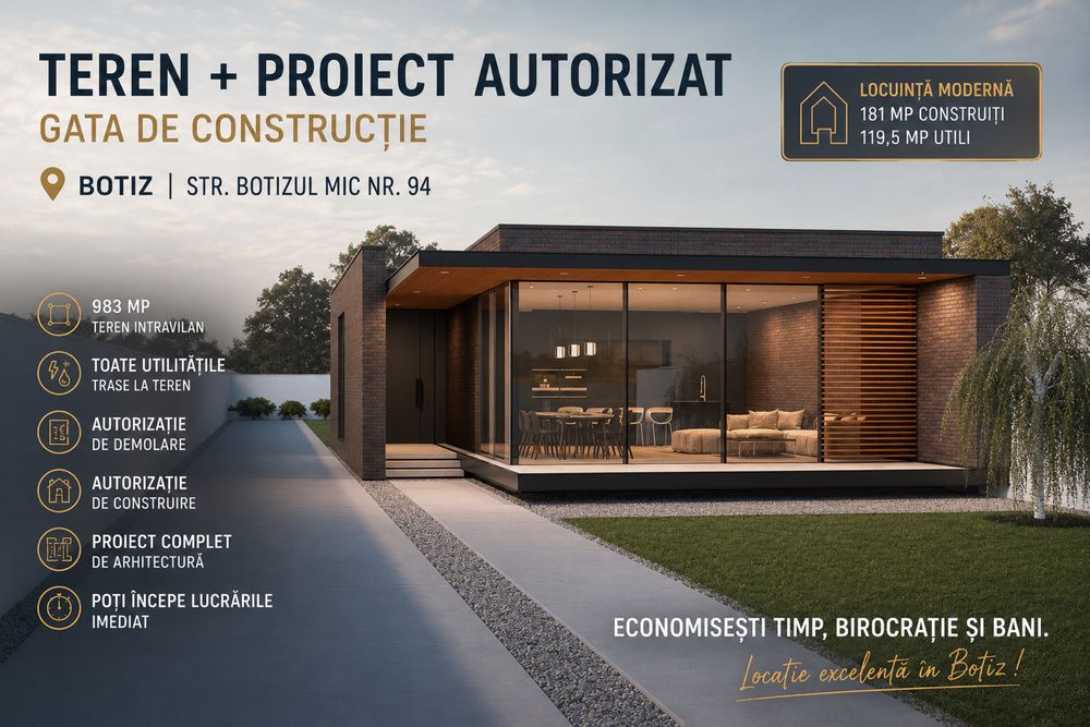 Teren 983 mp Botiz + autorizație construire casă modernă 181 mp