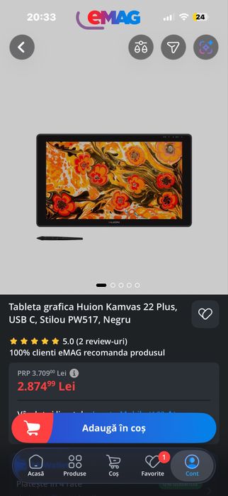 Tableta grafica cu display Huion kamvas 22 plus + keyboard + pen