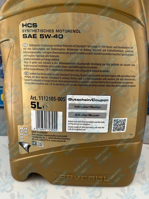 Ulei Ravenol 5w40 5l HCS VAG, BMW,Mercedes, Hyundai,Kia, Opel, Renault