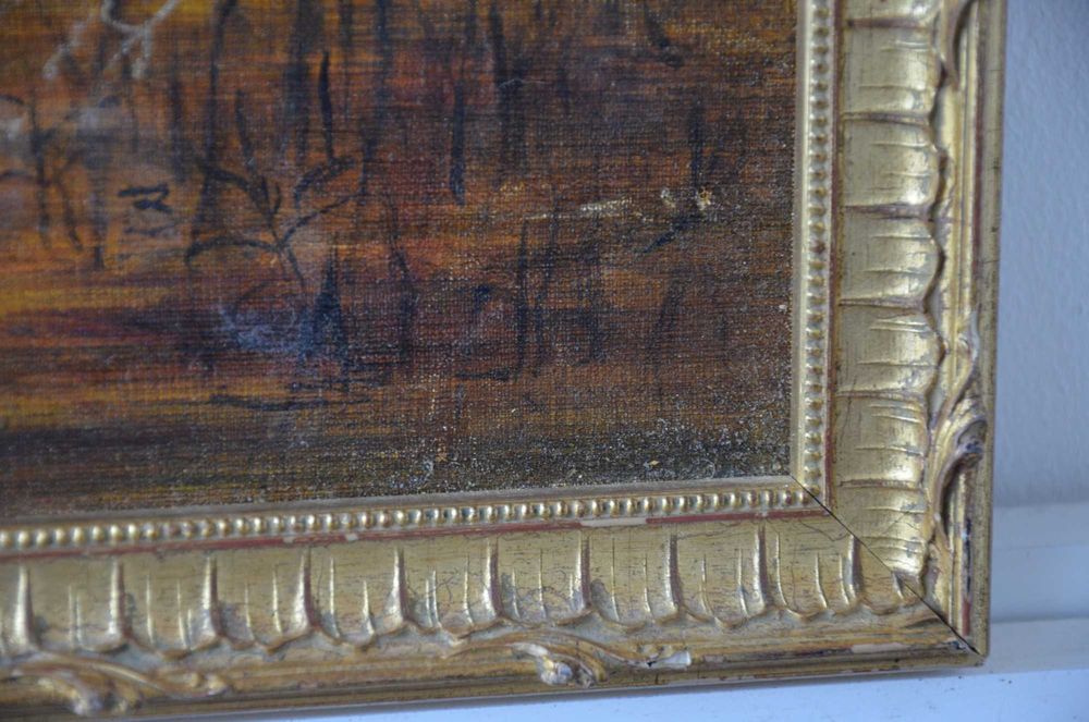 Tablou pictat ANGLIA anii 1960 / Pictutra pe panza / rama lemn aurie