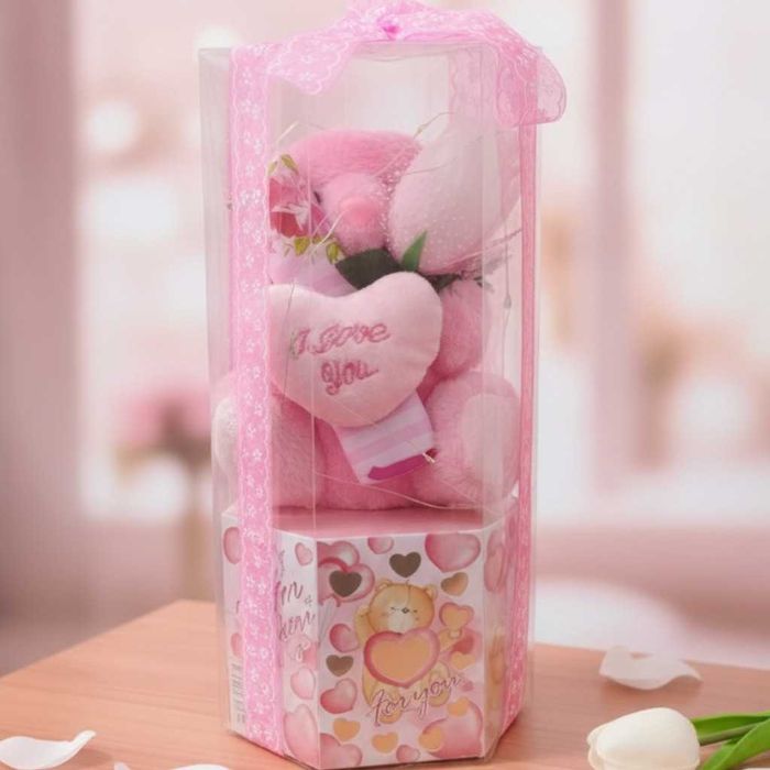 Подаръчен комплект с плюшено мече и надпис „Love you“,прозрачна кутия.