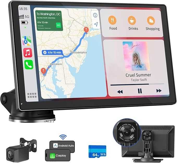 Radio auto wireless Carplay cu cameră video 4K, ecran   de 9 inci