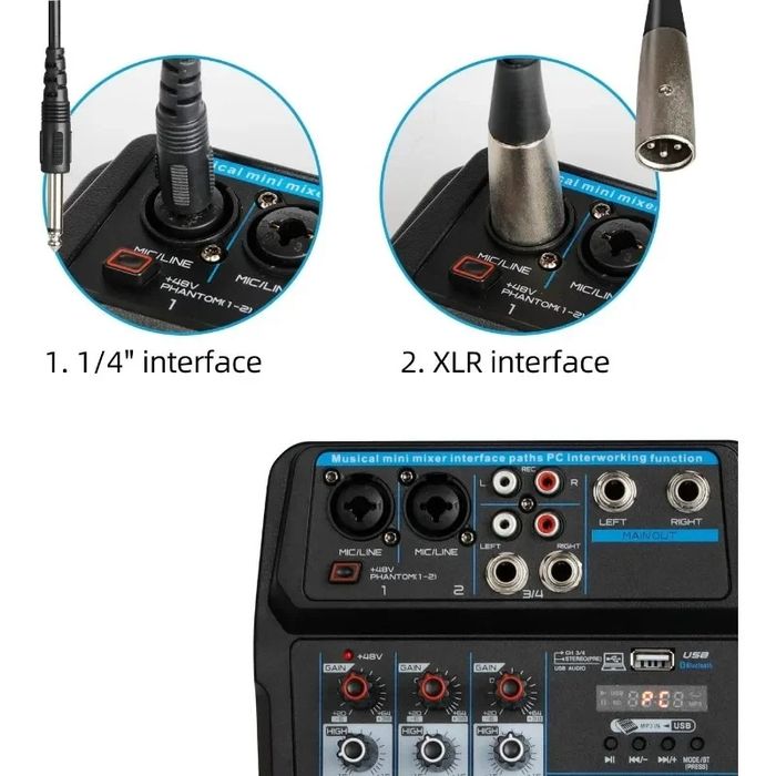 Смесителен пулт, 4 канален DJ Mixer с USB Player и Bluetooth,
