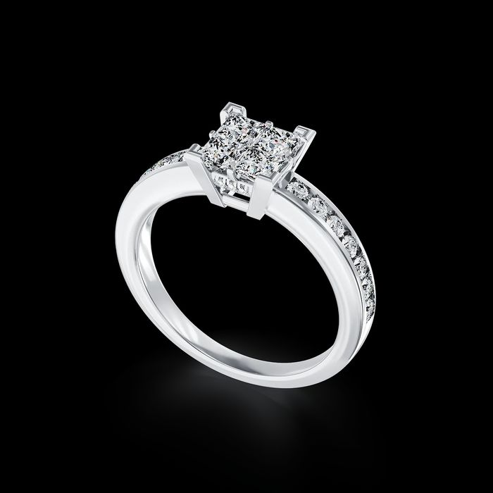 Inel Teilor Princess cut cu 26 diamante aur alb de 18K cu 26 diamante