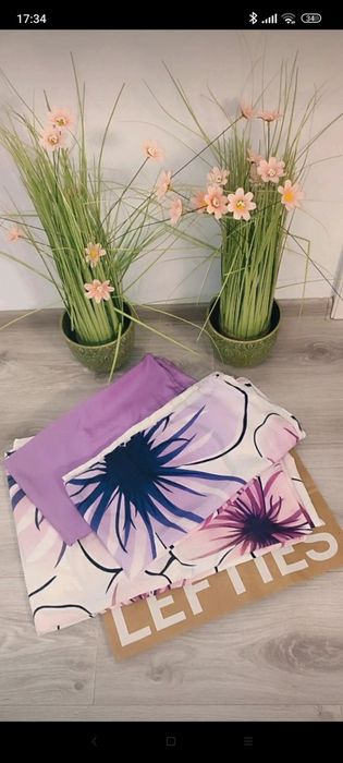 Lenjerie de pat, mov lavanda-alb, material fin satinat, nou