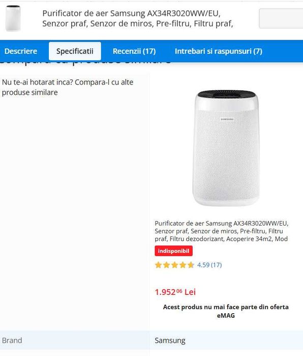 Purificator de aer Samsung AX34R3020WW