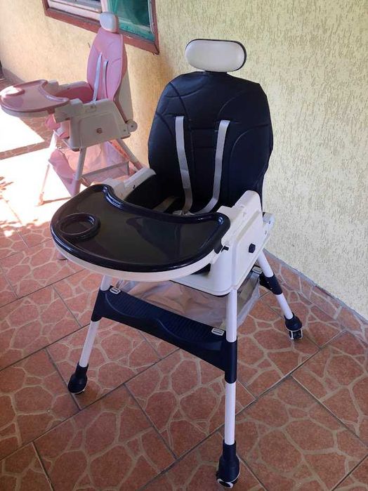 Scaun de masa bebe 4 in 1.Varsta 6-72 luni, Scaun inalt pliabil,4 roti silicon, 2 x Tava detasabila, culoare gri si albastru disponibile