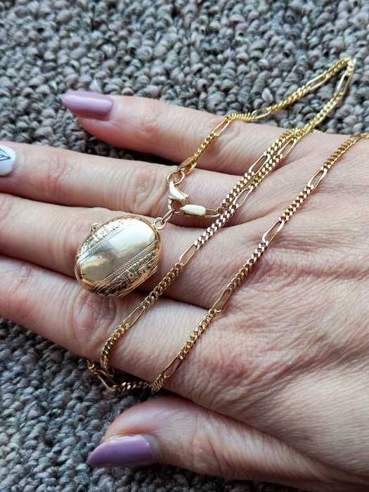 Lantisor Lant Aur 14K Retro Zale Pline Cu Pandantiv Pentru Poza Dubla