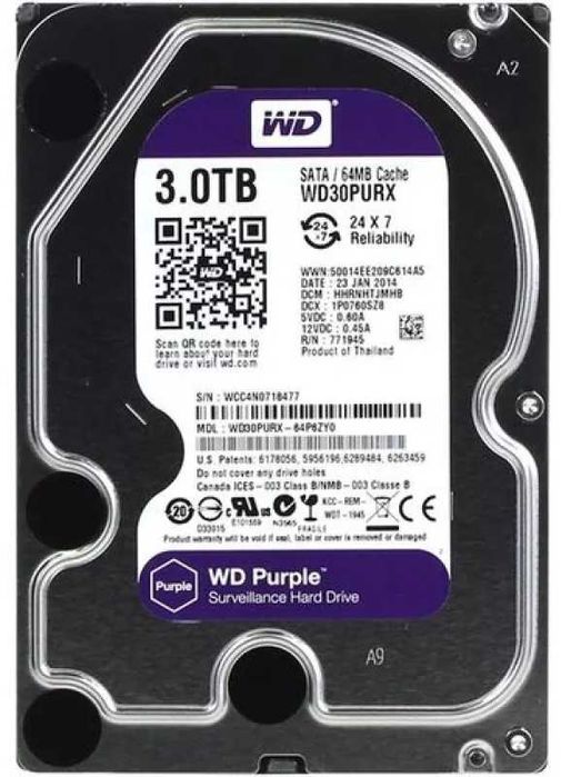 Хард диск HDD Western Digital WD Purple 3TB 3000GB 5400rpm SATA Cache: 64MB 3.5 100% здраве