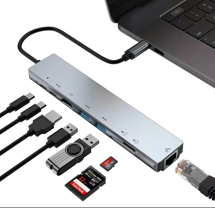 Док станция Type C 8в1 адаптер Lan, Hdmi, USB Hub, Картридер