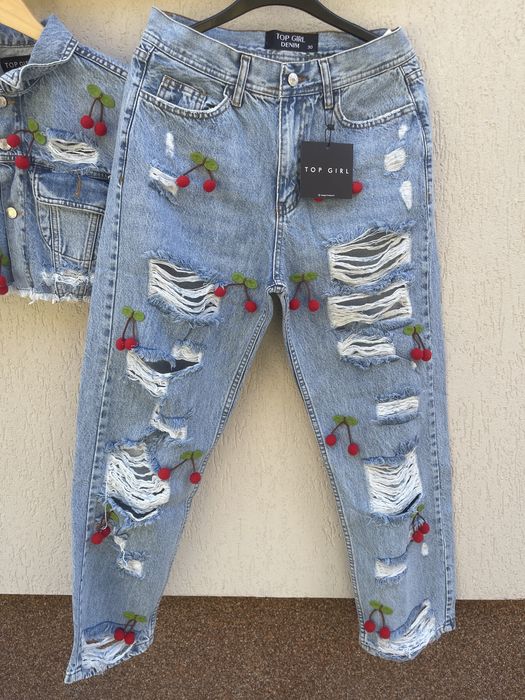 Set Denim - Jachetă scurtă + Blugi cu cireșe 3D