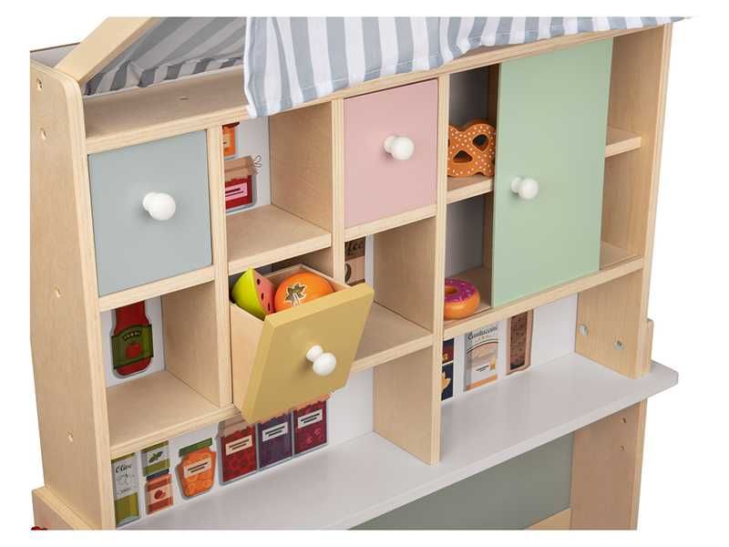 НОВИ! Дървен детски магазин щанд с черна дъска и тента 83x110x75см