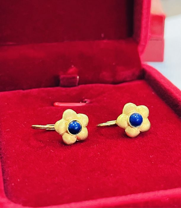 Обеци жълто злато и лапис лазур