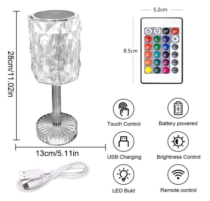 LED RGB сензорна настолна кристална лампа с функция за 16 цвята и дистанционно управление