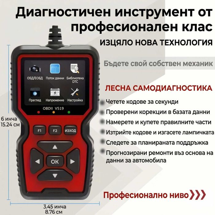 OBD2 Скенер за Автодиагностика и Четец на Грешки за Автомобил Професионален Кодочетец OBD II