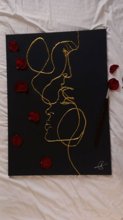 Tablou minimalistic dintr o singura linie aurie/alba