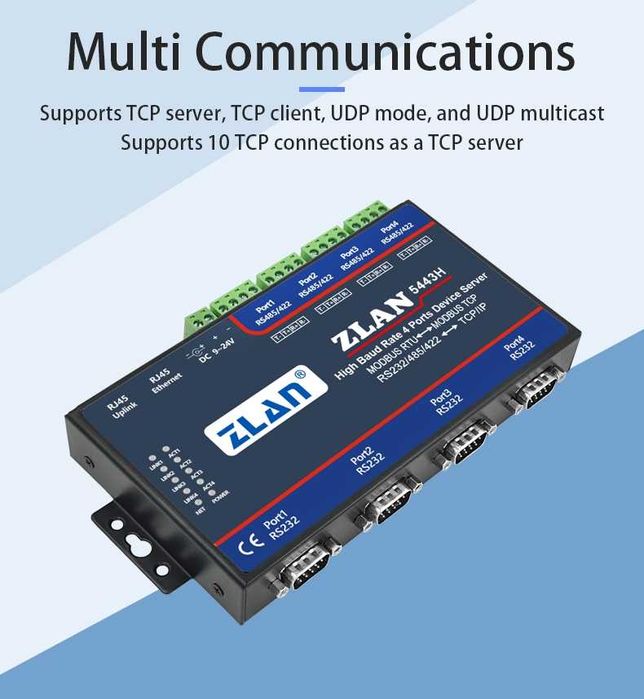 ZLAN5443H 4-портов високоскоростен сървър RS232/485/422 към Ethernet.