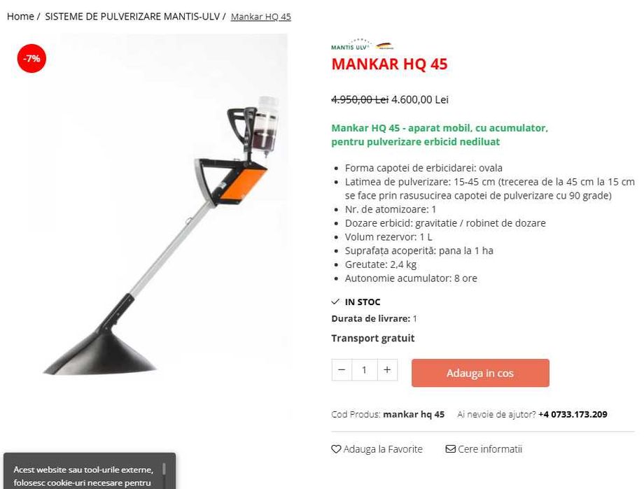 Pulverizator Mankar HQ 45 ULV – Fără Rezervor de 1L