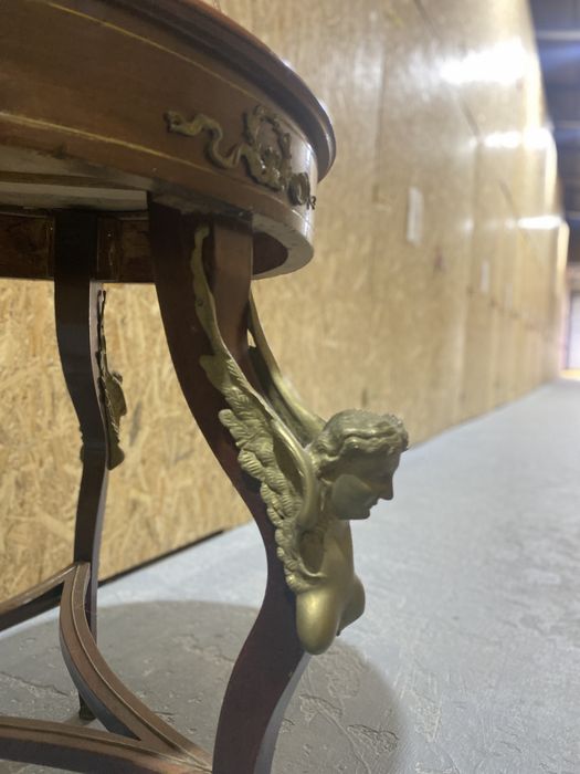 Măsuță de salon vintage/antică în stil Louis XV, lemn și bronz, blat catifelat verde