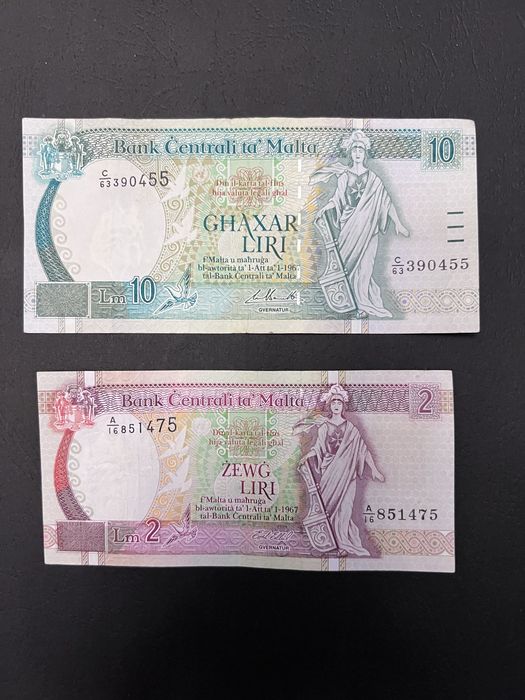 Bancnote Malta 2 și 10 Liri – colecție rară anii ‘80