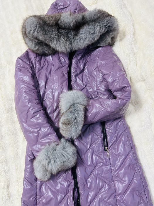 Geaca lunga matlasata cu blana de vulpe